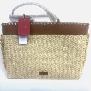 NEW - Valentino Garavani Rockstud Raffia Tote with Leather Trim